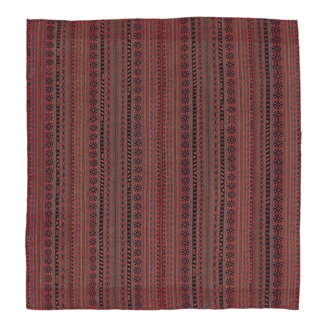 Vintage Persian Tribal Square Kilim, Red & Teal Geometric Stripes - Rug & Kilim For Sale