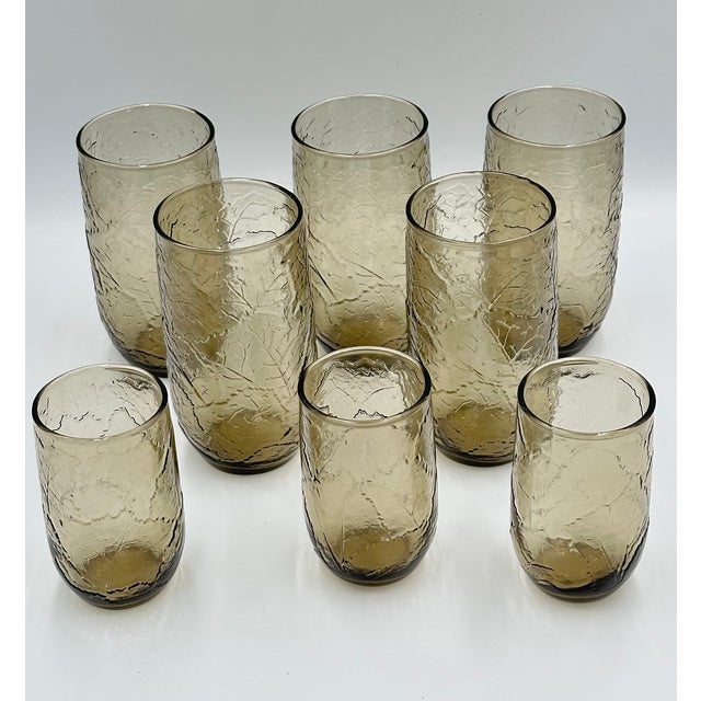 Anchor Hocking Vintage Brown Sherwood Crinkle Juice & Water Drinking Glasses 8pc For Sale In Palm Springs - Image 6 of 8