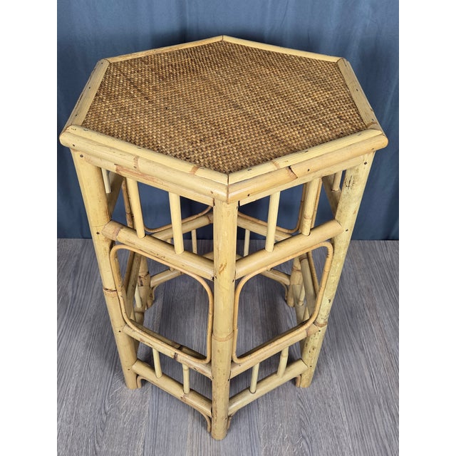 Classic hexagonal bamboo side table. Practical size and nicely made, this is not marked or signed in anyway. Good...