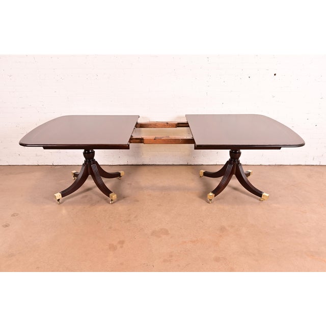 Smith & Watson Regency Banded Mahogany Double Pedestal Extension Dining Table, Newly Refinished For Sale In South Bend - Image 6 of 15