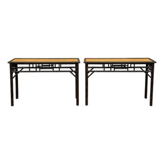 Chinese Chippendale Style Faux Tortoise & Grasscloth Rattan Console Tables Pair For Sale