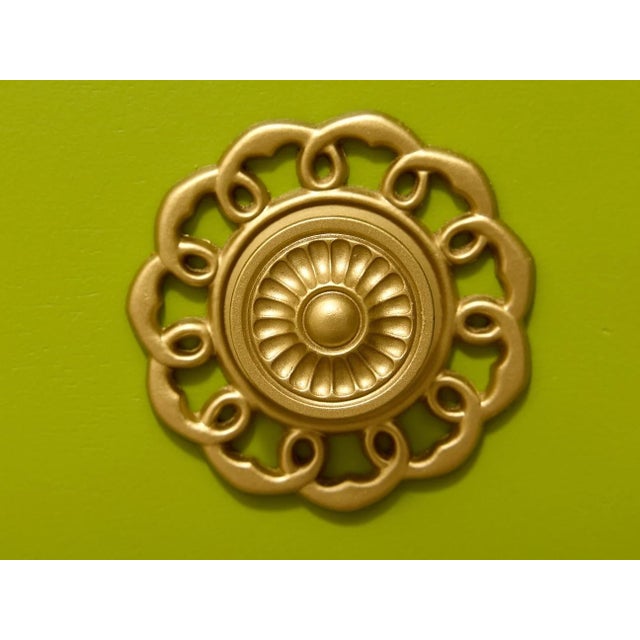 Boho Chic Vintage Chartreuse Highboy Dresser With Ornate Brass Rosette Pulls For Sale - Image 3 of 12