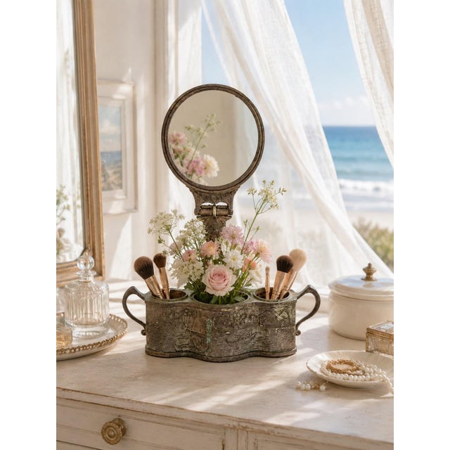 Art Deco Silverplate Shaving Mirror W/Removable Storage Cups For Sale - Image 3 of 7
