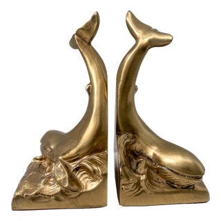 Late 20th Century Usa Made Brass Whale Bookends - a Pair For Sale