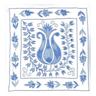 Silk Embroidered Suzani Lace Pillow, Uzbek Sham in Light Blue & Ivory. 17"x18" For Sale