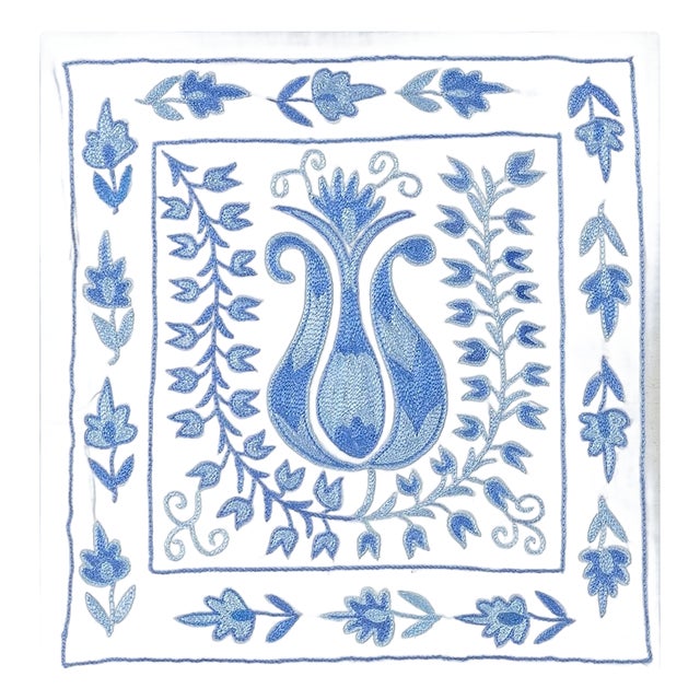 Silk Embroidered Suzani Lace Pillow, Uzbek Sham in Light Blue & Ivory. 17"x18" For Sale
