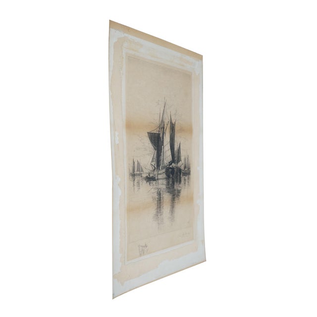Antique Charles Frederick Mielatz nautical maritime seascape etching featuring sailboats / ships / fishing vessels in the...