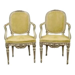 Late 19th Century Antique Italian Venetian Cream Distress Painted Carved Wood Arm Chairs - a Pair