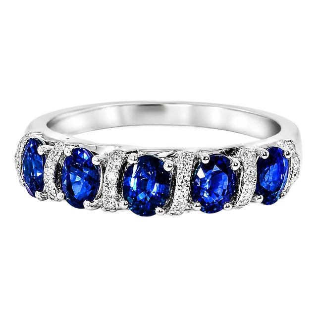 14K White Gold Diamond Sapphire 5 Stone Band Ring For Sale