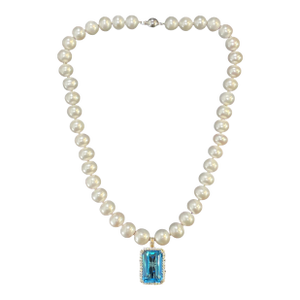 14k Gold 50.25 Carat Blue Topaz & 1.38 CTW Diamond Pendant Pearl Necklace