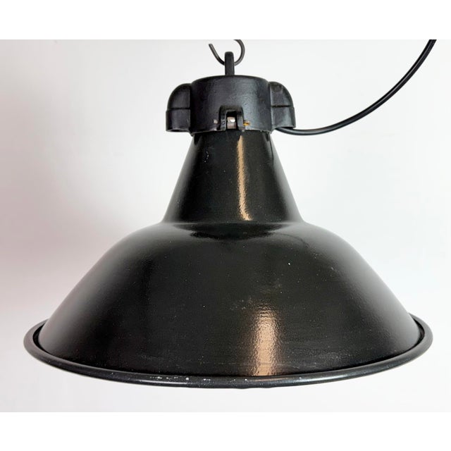Industrial Black Enamel Pendant Lamps with Cast Iron Top, 1950s, Set of 4 For Sale - Image 11 of 18