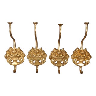 Lombard Brass Coat Hangers with Rose Baskets, Italy, 1960s, Set of 4 For Sale