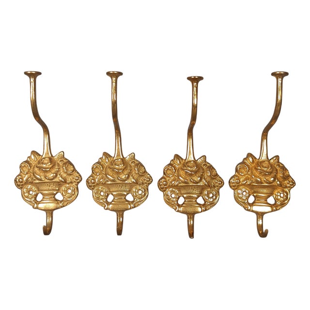 Lombard Brass Coat Hangers with Rose Baskets, Italy, 1960s, Set of 4 For Sale