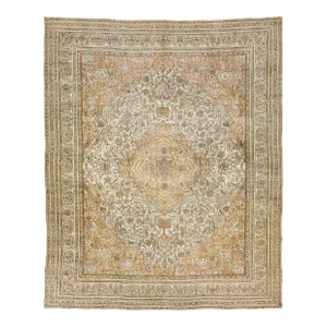 1900 Antique Indian Agra Wool Rug in Ivory and Tan With Medallion Design