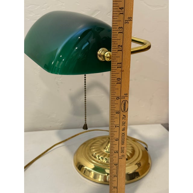 Vintage Bankers Desk Lamp Green Glass Shade Brass Stand Pull Cord Library Piano For Sale - Image 12 of 12
