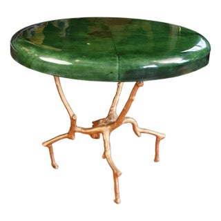 Emerald Green Vellum Top Side Table With Sculptural Brass Base by Made Goods For Sale