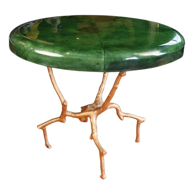 Emerald Green Vellum Top Side Table With Sculptural Brass Base by Made Goods For Sale