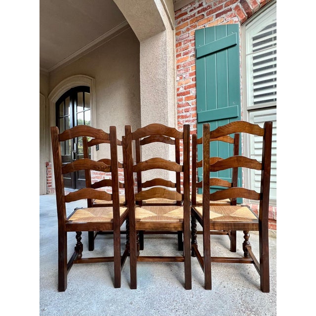 Vintage French Dining Chairs Set 6 Oak Barley Twist Rush Seat Ladder Back For Sale - Image 11 of 18
