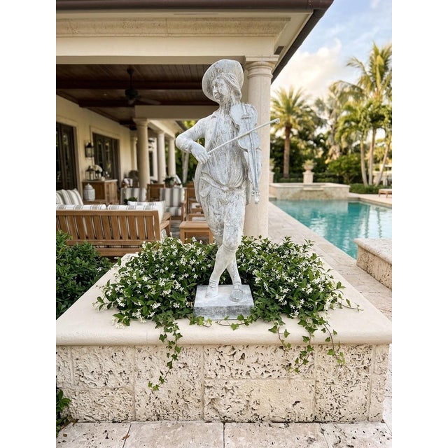 Metal Vintage European-Style Lead Garden Statue of a Standing Violinist For Sale - Image 7 of 12