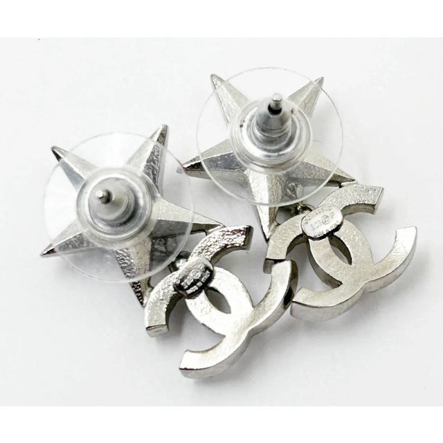 Chanel Chanel Silver Star Green Stone CC Crystal Piercing Earrings, A Pair For Sale - Image 4 of 4