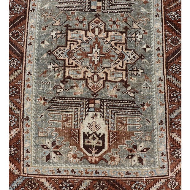 Antique Persian Heriz Runner in Wool With Geometric Medallions in Light Gray Green and Brown For Sale In Atlanta - Image 6 of 12