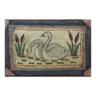 Unique White Ivory Color With Special Animalia Pattern Vintage Pictorial American Hooked Rug For Sale