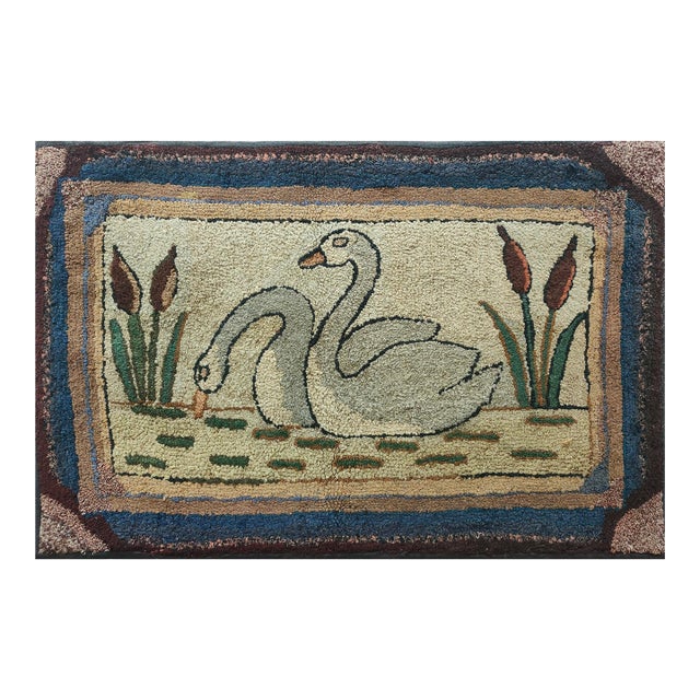 Unique White Ivory Color With Special Animalia Pattern Vintage Pictorial American Hooked Rug For Sale