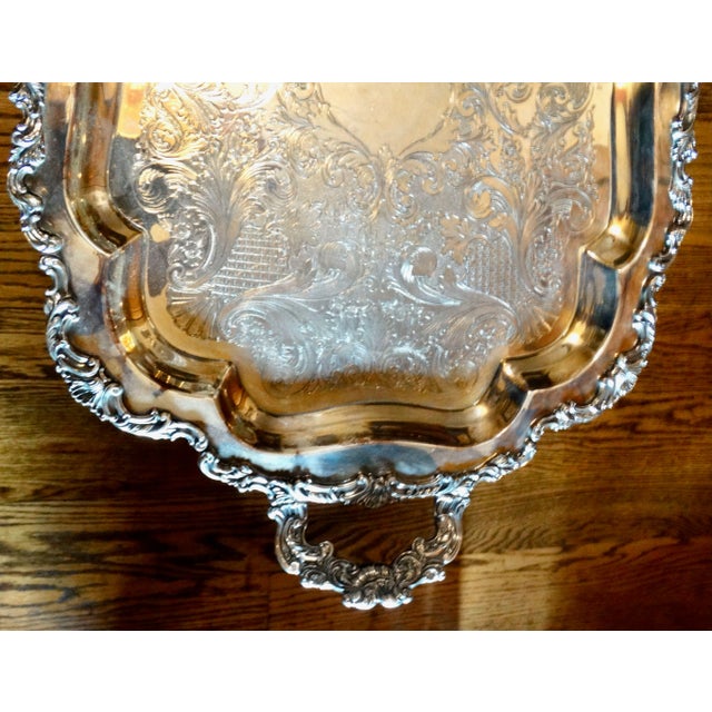 Mid 20th Century Large Ornate Silver Serving Tray With Handles For Sale - Image 5 of 11