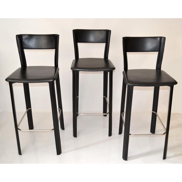 Contemporary Frag Mario Bellini Style Hand Made Black Leather Chrome Bar Stools - Set of 3 For Sale - Image 3 of 13