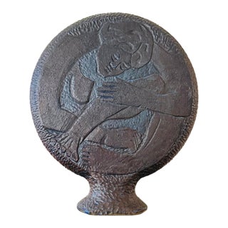 Mid Century Brutalist Studio Pottery Sculpture | Wpa Influence | Male Female Figural Relief | Blue Black Ceramic For Sale