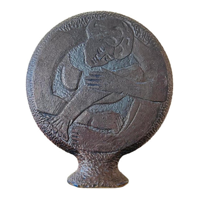 Mid Century Brutalist Studio Pottery Sculpture | Wpa Influence | Male Female Figural Relief | Blue Black Ceramic For Sale