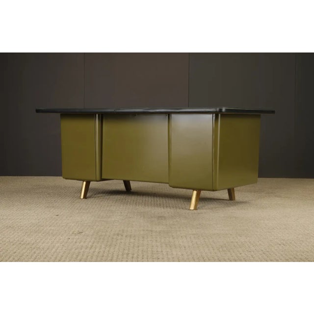 Mid-Century Modern Steel Tanker Desk in Olive Green W Glass Top and Brass, 1960s For Sale - Image 9 of 18