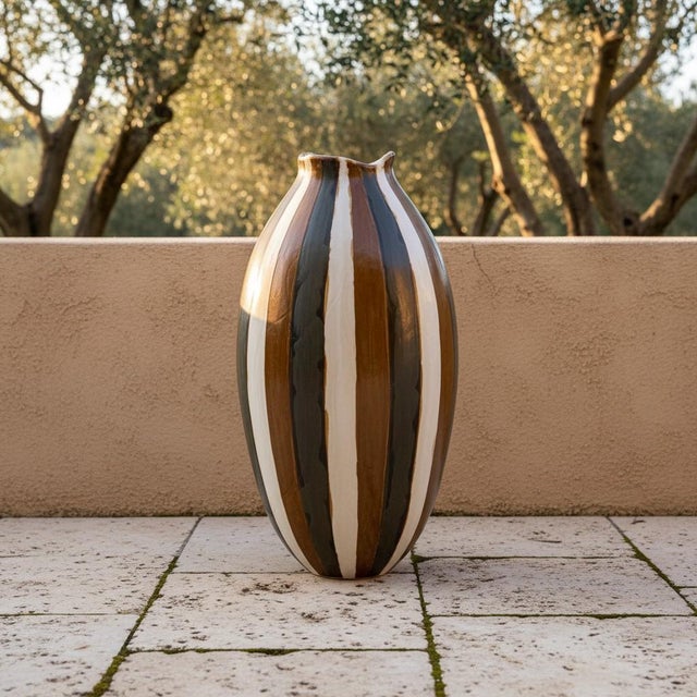 A striking Mid-Century Modern ceramic floor vase featuring bold hand-applied vertical bands in warm brown, cream, and...