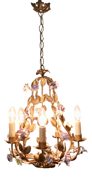 French Gilt Toleware and Floral Ceramic 6-Branch Chandelier, 1930s