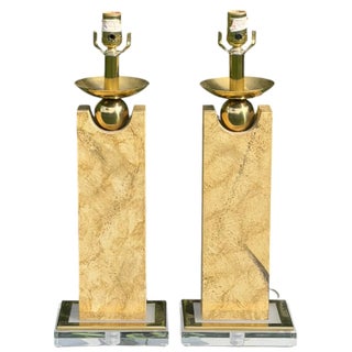 Vintage Modernist Table Lamps With Faux-Travertine Finish and Lucite Bases, a Pair For Sale