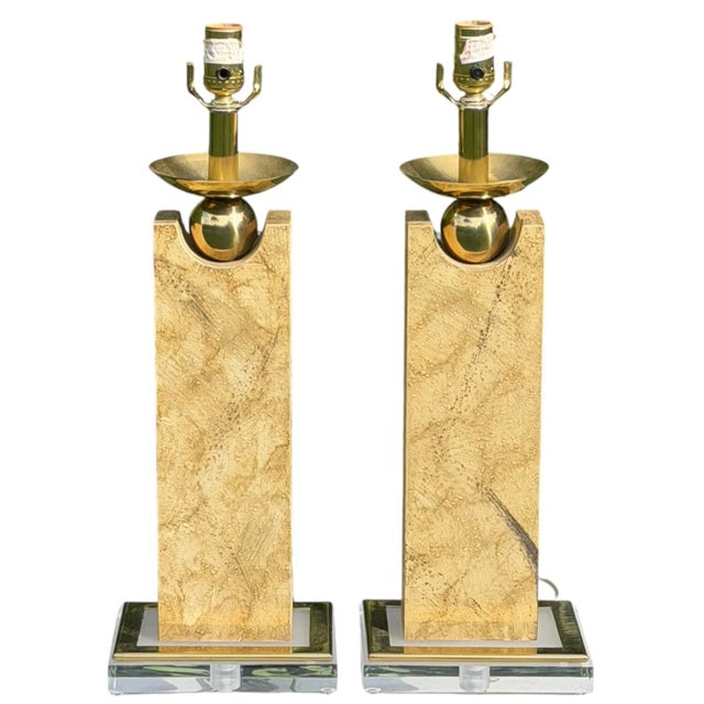 Vintage Modernist Table Lamps With Faux-Travertine Finish and Lucite Bases, a Pair For Sale