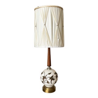 Vintage Ivory Globe Table Lamp With Raised Botanical Vines and Tall Gathered Shade For Sale