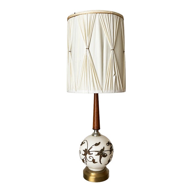 Vintage Ivory Globe Table Lamp With Raised Botanical Vines and Tall Gathered Shade For Sale