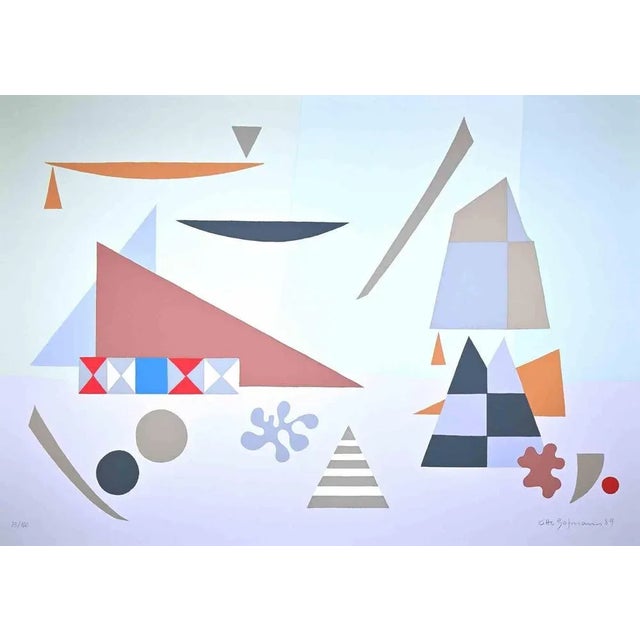 Abstract composition is a contemporary artwork realized by Otto Hofmann in 1989. Mixed colored screen print. Hand signed...