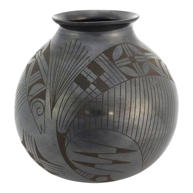 Large Mexican Black on Black Pottery Olla Signed by Jesus Pina 20thC For Sale