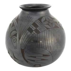 Large Mexican Black on Black Pottery Olla Signed by Jesus Pina 20thC