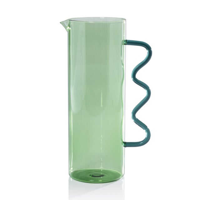 Edith Heath Costa de Sol Glass Wavy Handle Pitcher, Green For Sale - Image 4 of 4