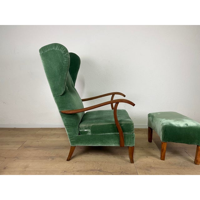 Set of Lounge Chair with Ottoman in Wood and Green Velvet by Paolo Buffa, 1950s For Sale - Image 6 of 9