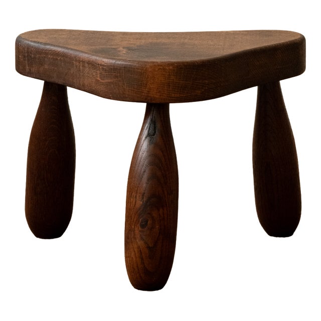 French Brutalist Wooden Tripod Stool in Oak, 1950s For Sale