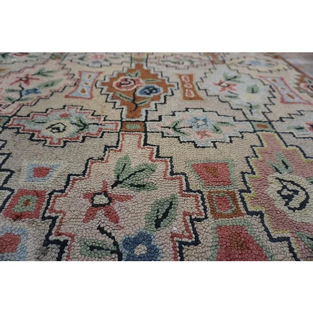 Textile Wonderful Beige Background With Geometric Shapes and Floral Design Antique American Hooked Rug For Sale - Image 7 of 11