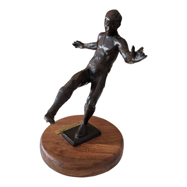 Vintage Mid Century Signed Bronze Footballer Sculpture For Sale