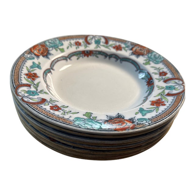 Antique Rimmed Soup Bowls, Transferware. Anthony Shaw? "Java" Set of 8 For Sale