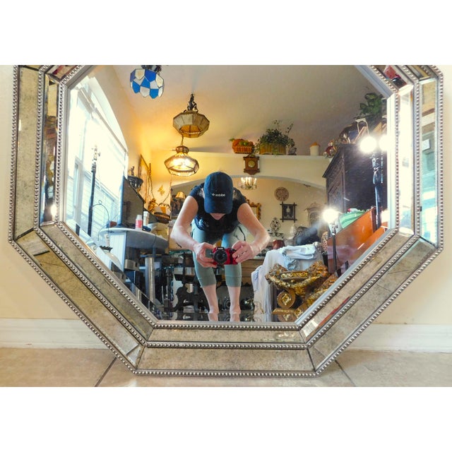 Large Vintage Octagon Ornate Silver Hanging Wall Mirror For Sale - Image 4 of 10