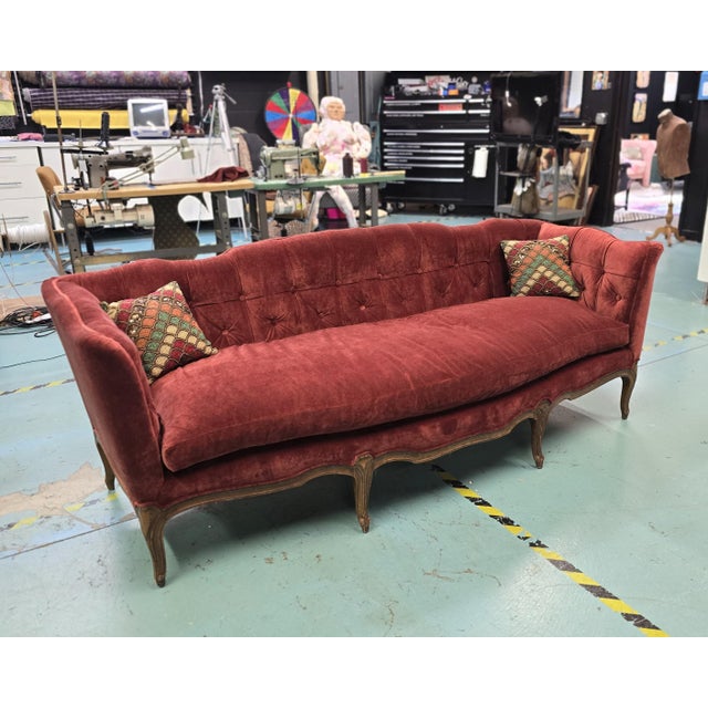 Unique find with this biscuit tufted Baker Furniture Tuxedo sofa! Completely reupholstered using the original hog hair...