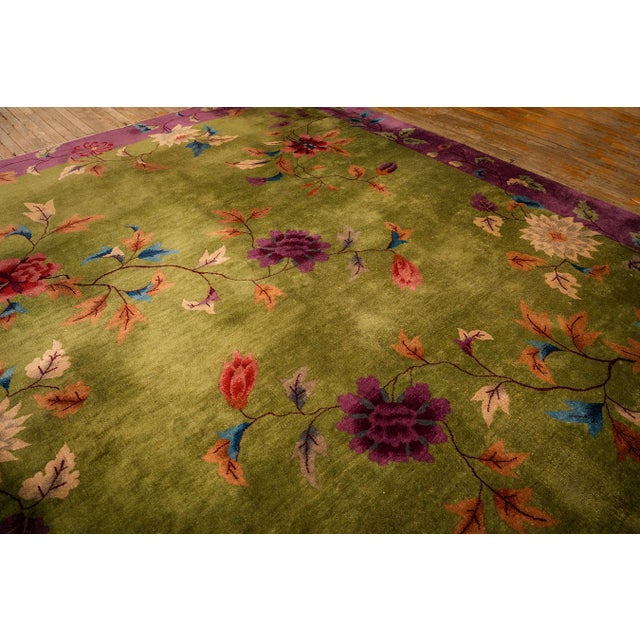 Textile 1920s Green Field Floral & Purple Border Knotted Wool Antique Chinese Art Deco Rug For Sale - Image 7 of 9